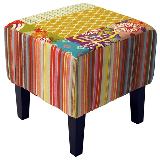 Multi-colored patchwork square pouffe for modern interiors