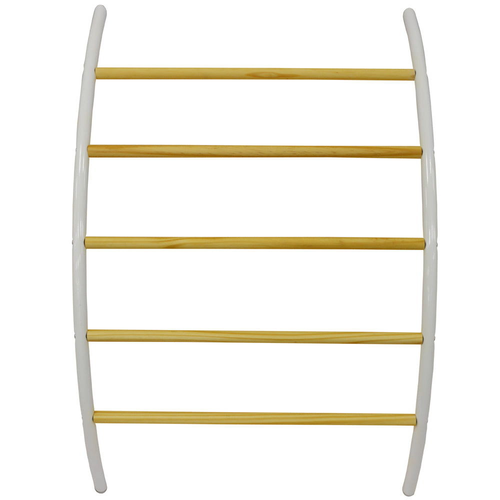 Space-saving towel holder with white metal and wood finish
