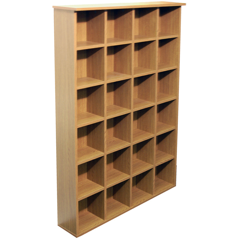 Oak pigeon hole media storage unit with 24 compartments