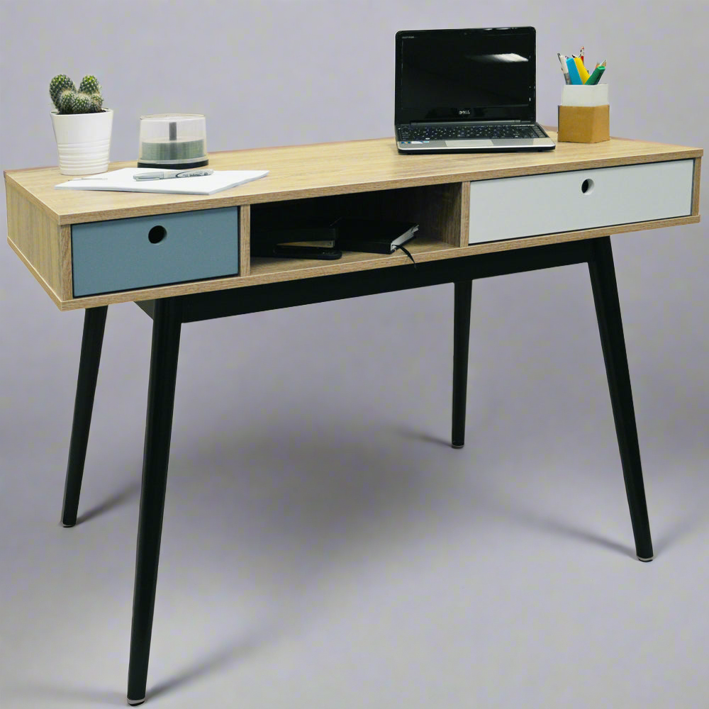 Modern Oak & Black Office Desk - 2 Storage Drawers