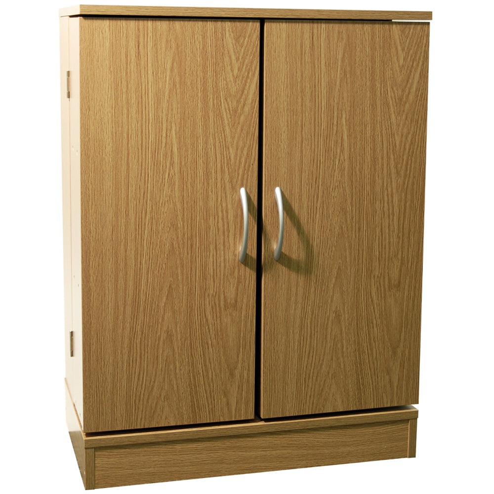 Oak double-door media storage cabinet with adjustable shelves