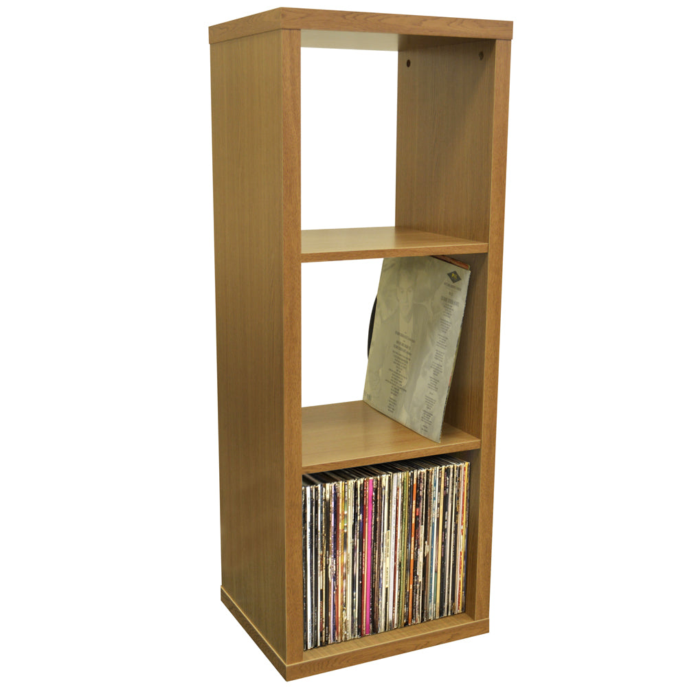 Oak vinyl record storage shelf with three large compartments