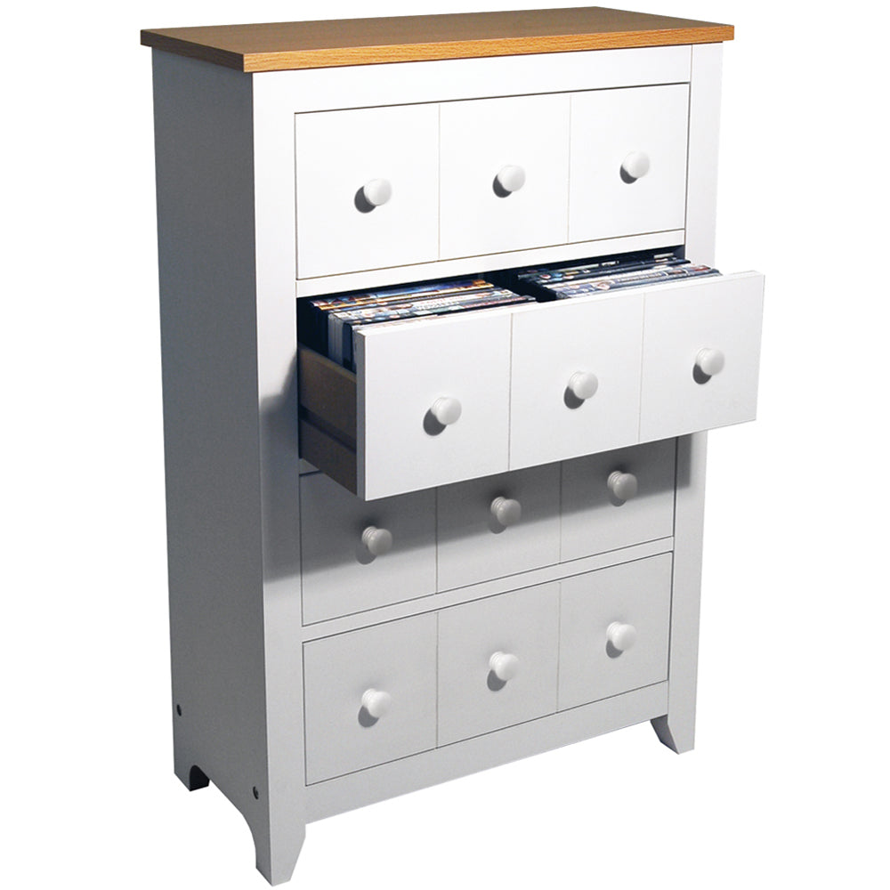White and beech shaker-style media storage cabinet