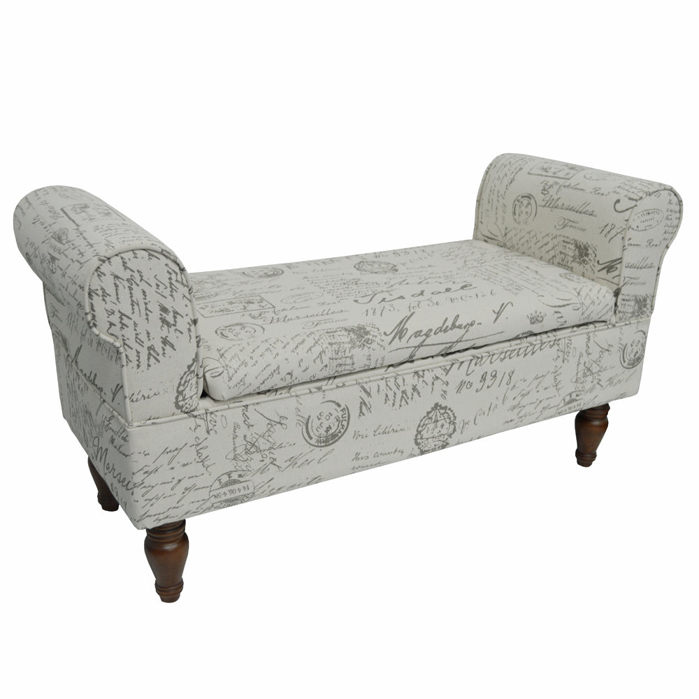 Retro-style padded storage bench with elegant script print