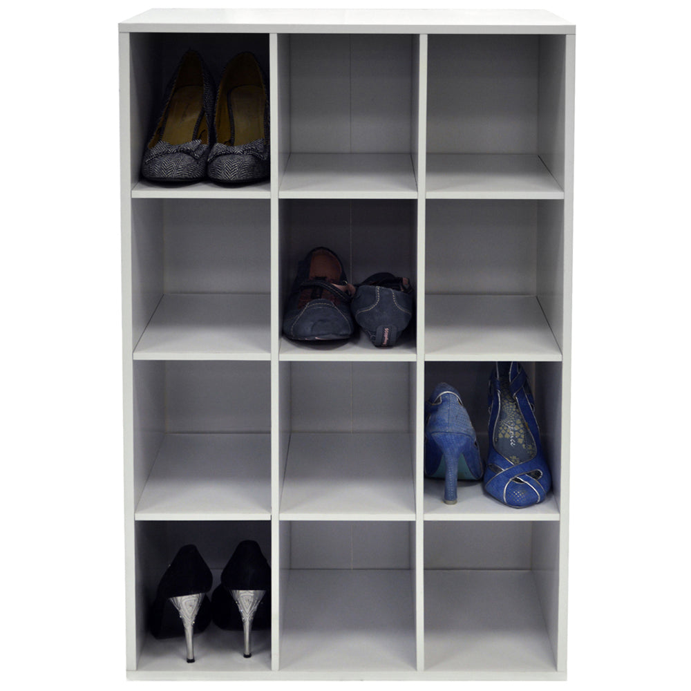 Modern white cubby storage unit with 12 deep compartments