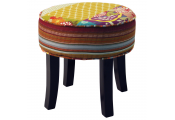 PATCHWORK - Shabby Chic Round Pouffe Padded Stool /Wood Legs - Multi-coloured