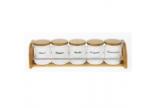 5 Ceramic Herb Jars with Wood Stand  - White / Brown