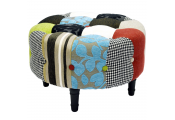 PLUSH PATCHWORK - Round Pouffe Padded Footstool with Wood Legs - Blue / Green / Red