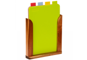 TABS - Set of 4 Colour Coded Chopping Boards in Wood Stand - Brown / Multi-coloured