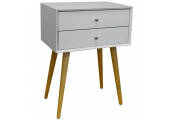 UNION - High Gloss and Solid Wood Side Table / Bedside Table with 2 Drawers - White / Pine