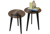 LUNA - PACK OF TWO - Retro Solid Wood Tripod Leg and Round Glass End / Side Table - Black / Tinted