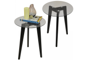 LUNA - PACK OF TWO - Retro Solid Wood Tripod Leg and Round Glass End / Side Table - Black / Clear