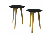 LUNA - PACK OF TWO - Retro Solid Wood Tripod Leg and Round Glass End / Side Table - Natural / Tinted