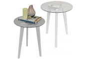 LUNA - PACK OF TWO - Retro Solid Wood Tripod Leg and Round Glass End / Side Table - White / Clear