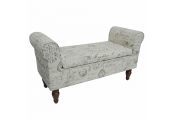 Storage Ottoman Bench / Padded Seat with Retro French Print and Wood Legs - Cream / Brown